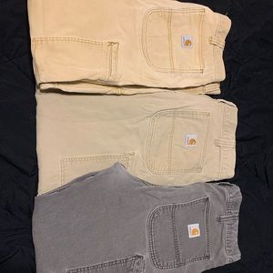 Men’s Carhartt Pants, 34/30, 3 pairs, light khaki, khaki, grey. Relaxed fit